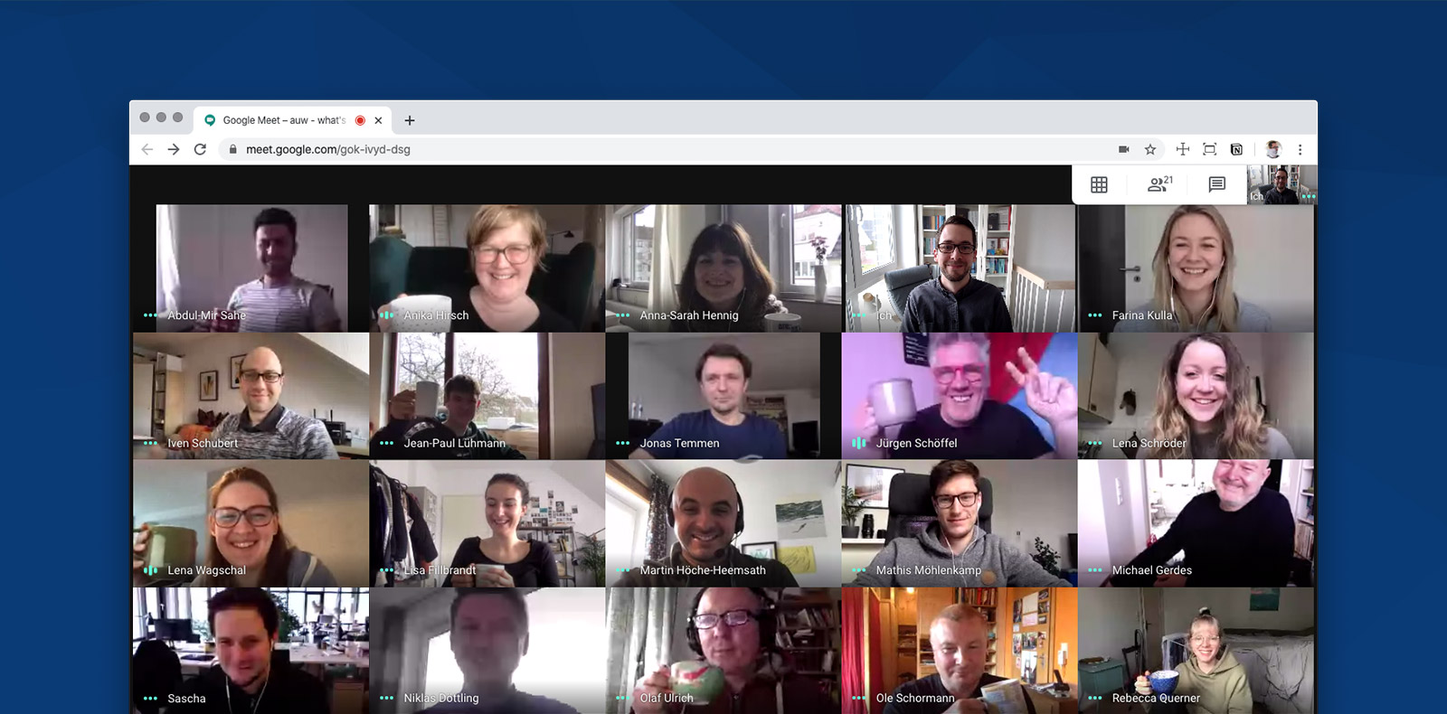 Ein Screenshot, der die einzelnen Mitarbeiter*innen im Homeoffice zeigt.