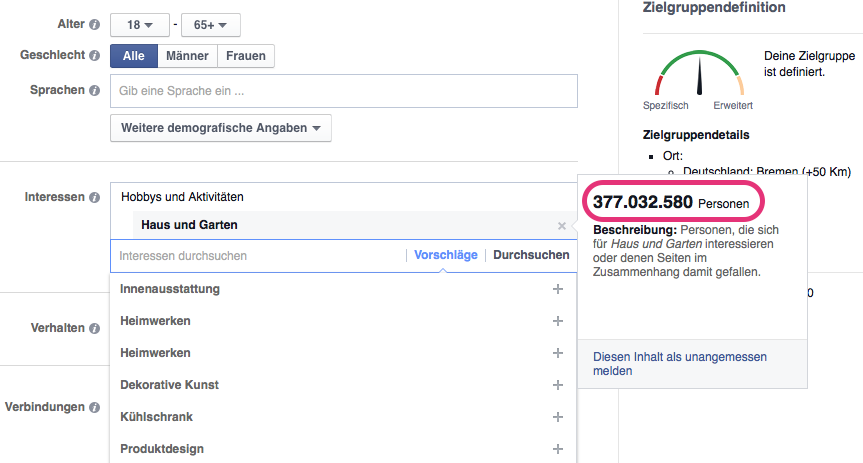 Facebook - 377 Millionen als potentielle Zielgruppe in der Rubrik "Garten"