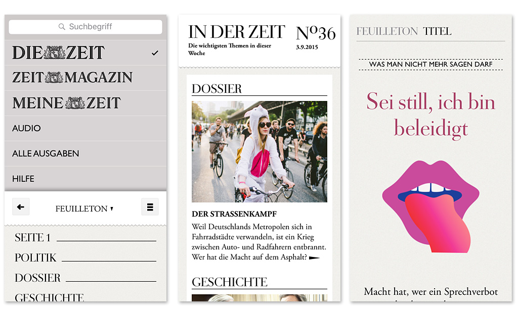 Verschiedene Seitenteile der ZEIT auf dem iPhone