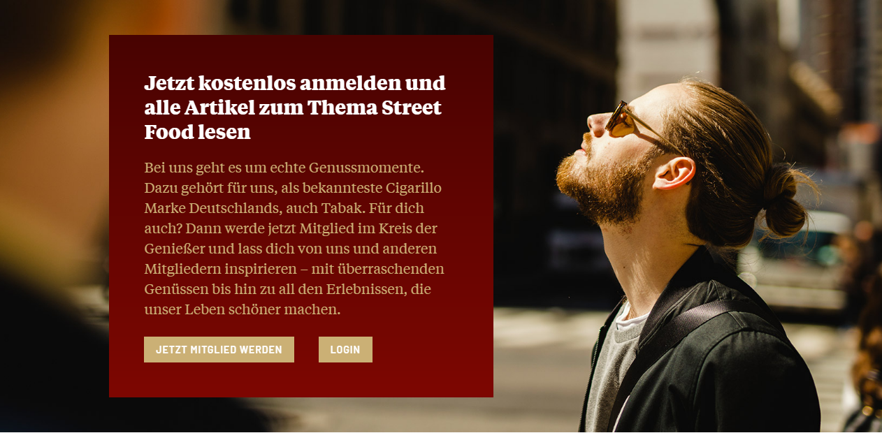 Ein Mann mit Sonnenbrille schaut zum Himmel, links neben ihm ist eine rote Infobox abgebildet