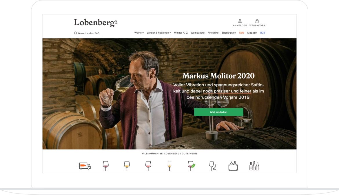 Ein Macbook auf der Lobenbergs Gute Weine Homepage