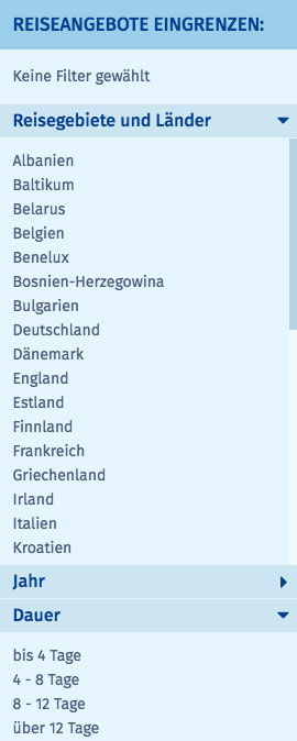 Screenshot des WTS Reisefilters