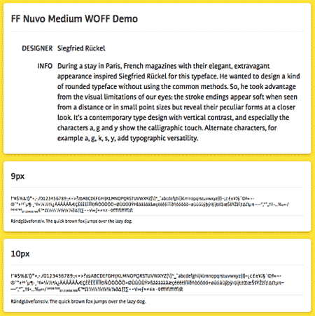 Ein Screenshot von der Demoseite der Schrift "FF Nuvo Medium Web" (ZIP)